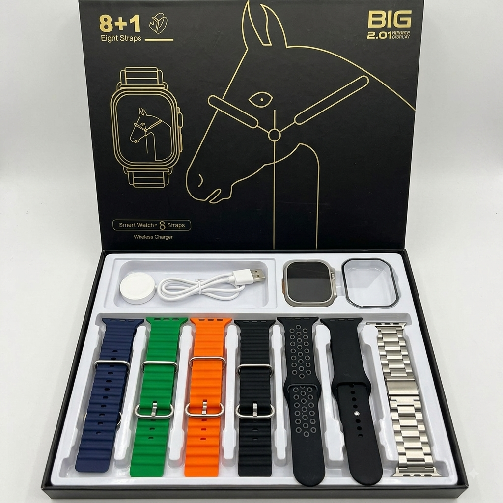 ساعت هوشمند مدل Big 8+1 به همراه ۷ عدد بند متنوع و محافظ صفحه (گلس)